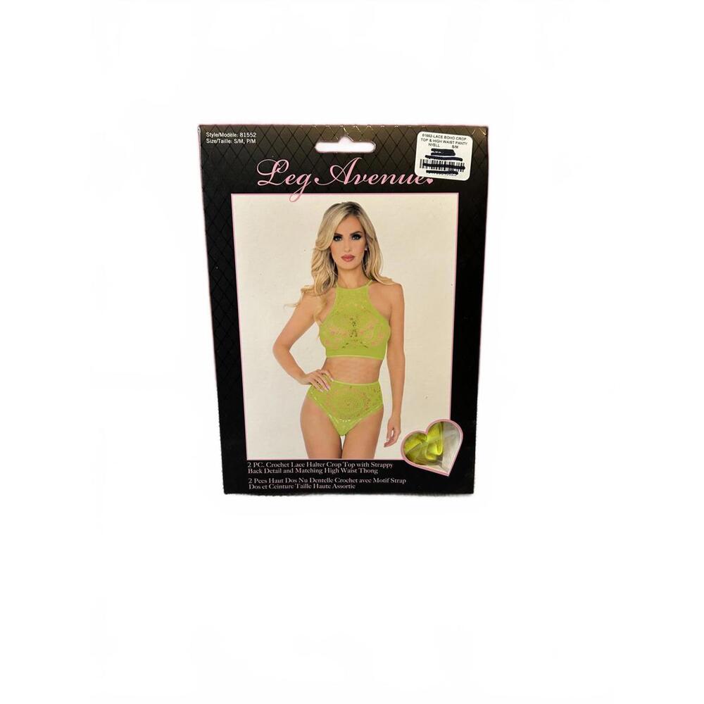 Leg Avenue Crochet Lace Halter Crop Top High Waist Thong S/M 81552 Lime‎